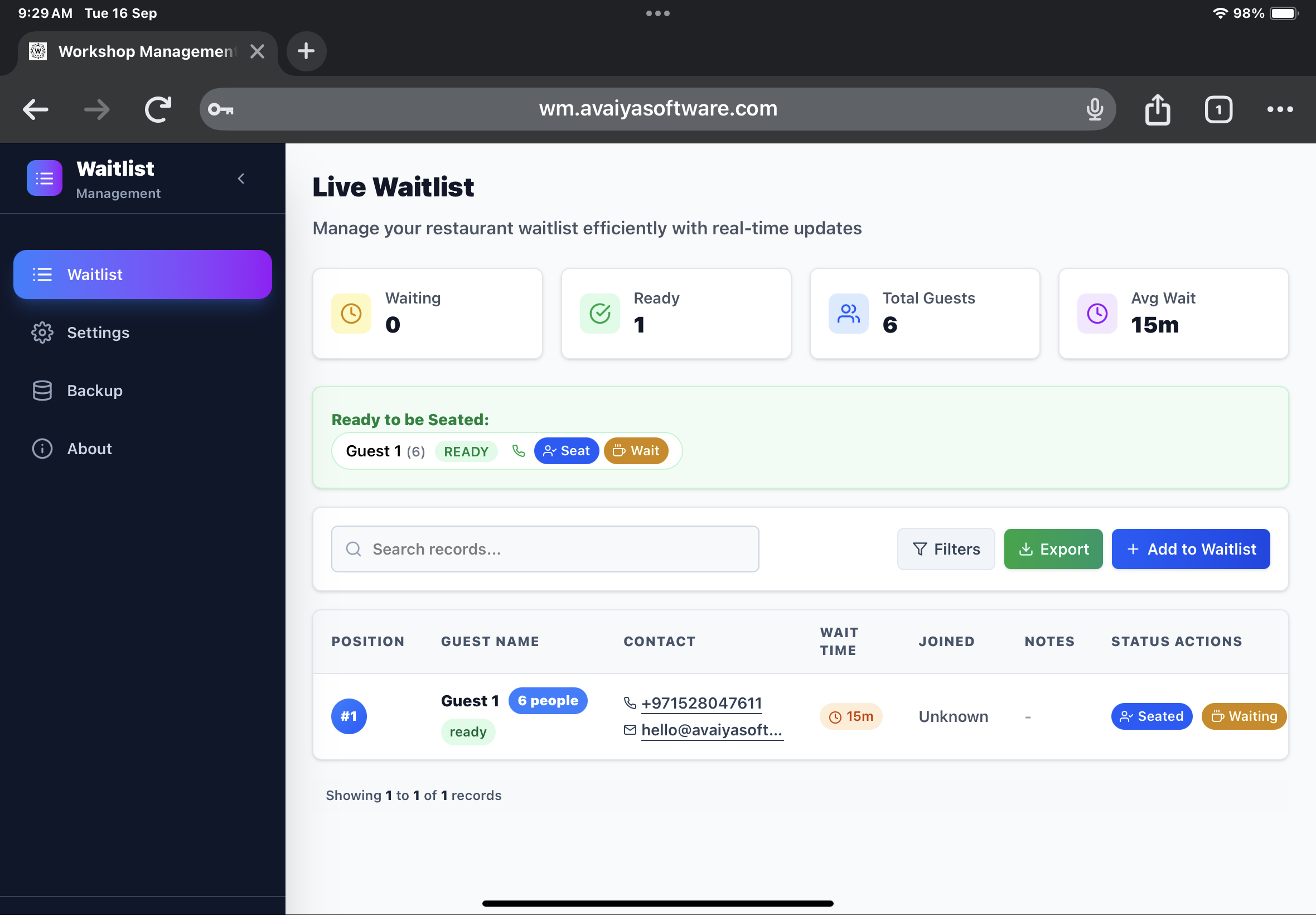 Waitlist Management Interface